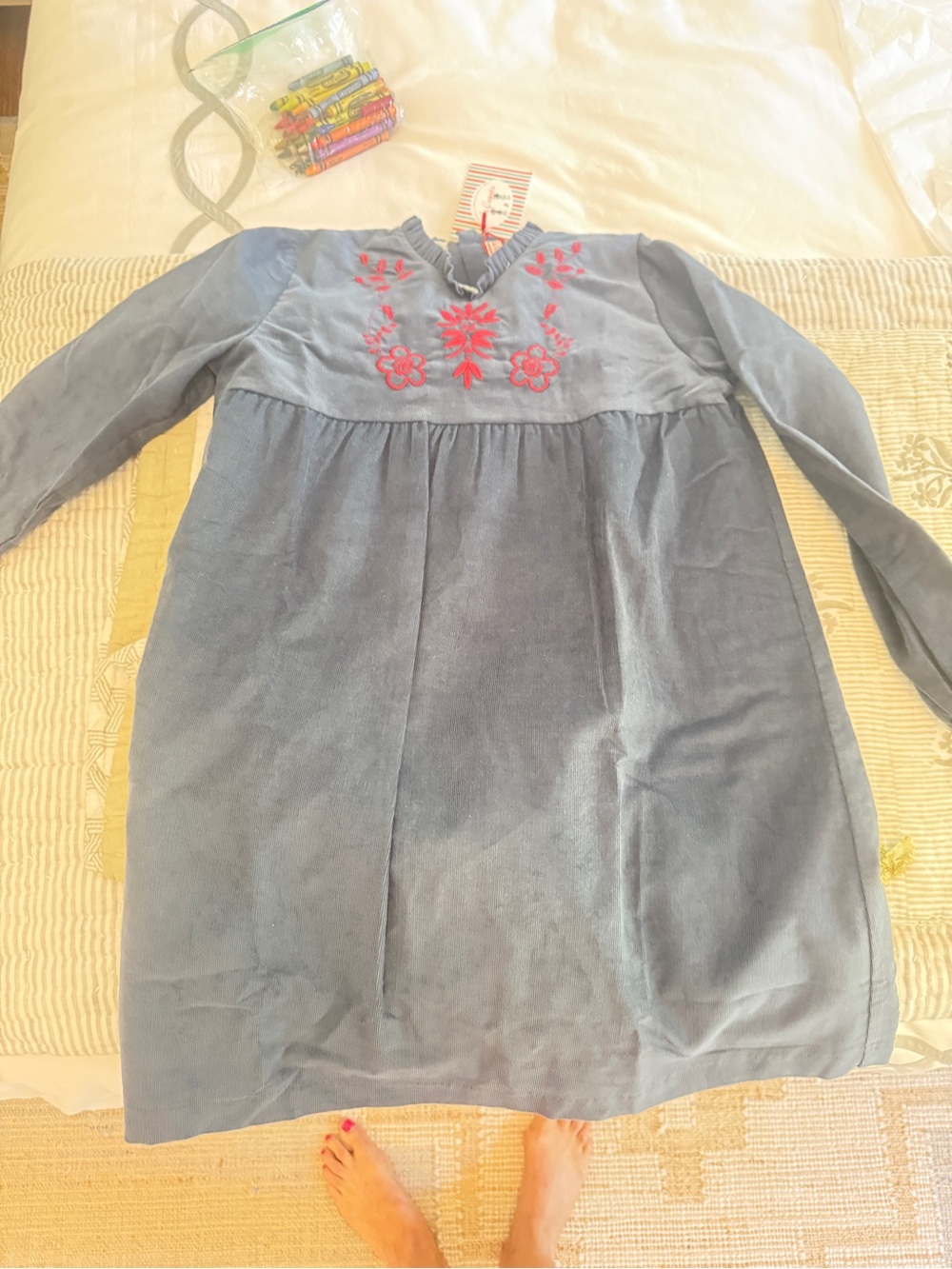 Girls' Blue Corduroy Dress with Pink Floral Embroidery